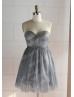 Gray Glittering Tulle Knee Length Prom Dress